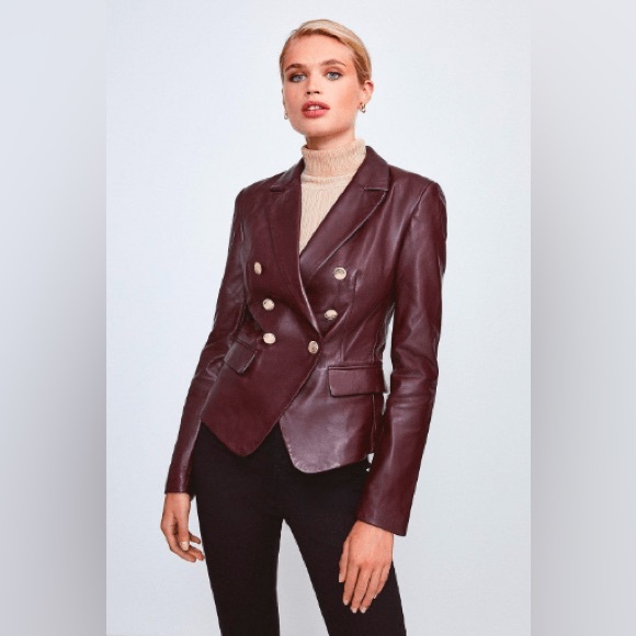 NWT Karen Millen Leather Gold Button Blazer Maroon Red Size...